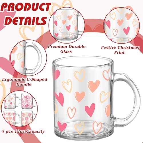 Tioncy 4 Pcs Valentines Heart Coffee Mugs 12 oz Heart Glass Cups with Handle Valentine's Day Pink Coffee Cup Sweet Love Gifts Drinking Mugs for Romantic Holiday Party - Image 3
