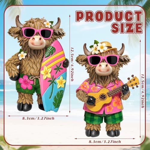 2 Pcs Highland Cow Figurines, Summer Beach Hawaii Decor - Image 3