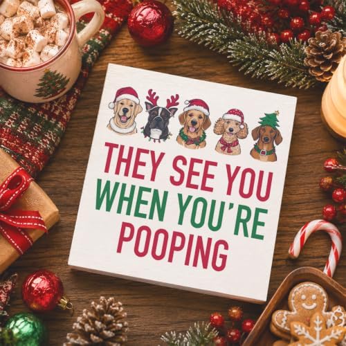 Christmas Bathroom Decor, Funny Dogs Christmas Decorations, Bow Santa Hat Bathroom Table Decoration They See You When You're Pooping Wooden Box Sign, Home Shelf Desk Decor for Toilet 5x5 Inches - Image 4