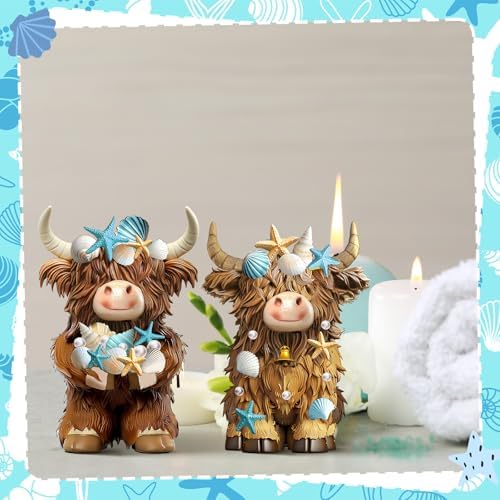 2 Pcs Coastal Highland Cow Figurines Decor, Beach Ocean Style - Image 6