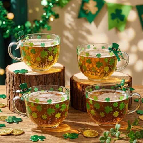 Sliner Set of 6 St Patrick's Day Glass Coffee Mugs with Handle, 16 oz Clear Irish Coffee Mugs Footed Irish Glasses Shamrock Glasses Winter Holiday Cups for Beverages Latte Hot Chocolate - Image 3