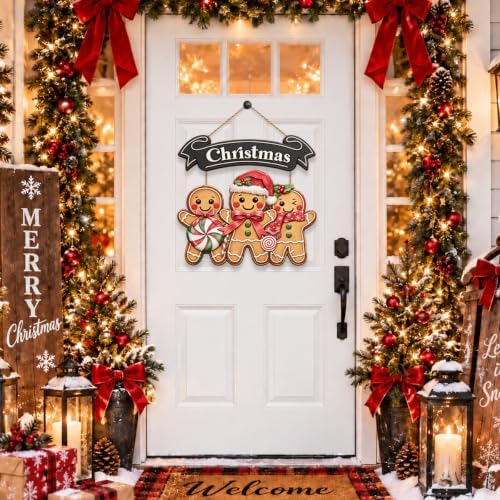 Gingerbread Christmas Decorations Welcome Wreath Wooden Front Door Sign - Image 2