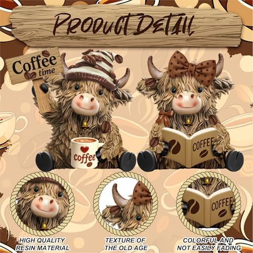 2 Pack Resin Highland Cow Figurine Decor, Coffee Theme - Image 4
