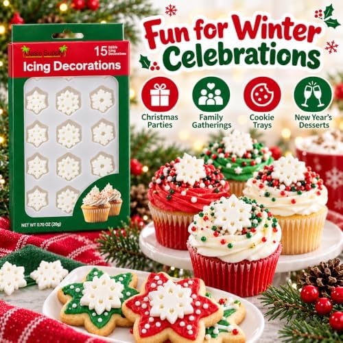 Oasis Supply Christmas Snowflake Edible Icing Decorations – 15 Count – White Winter Cake & Cupcake Toppers for Cookies, Cakes, Cupcakes & Holiday Desserts - Image 5