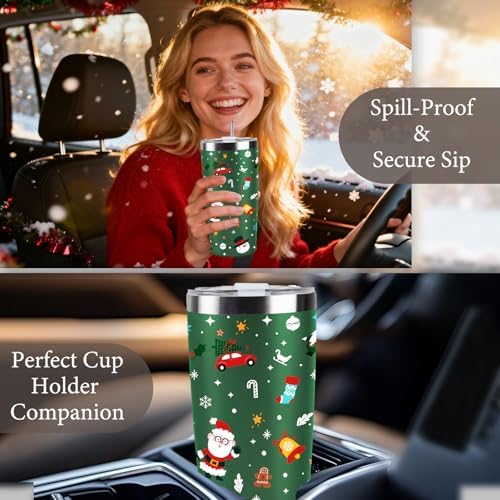 Christmas Gifts for Women 2025, 20 oz Green Stainless Steel Christmas Coffee Tumblers with Lid and Straw, Insulated Coffee Travel Mug, Best Xmas Themed Gifts for Women Men Girls Teachers Coworkers - Image 5