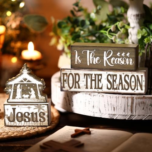 Moucuny 4 Pcs Christmas Jesus Religious Table Decor Christian Wooden Signs - Image 6