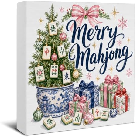Christmas Mahjong Decor, Chinoiserie Christmas Tree Wooden Sign Decorations by EUDOSI