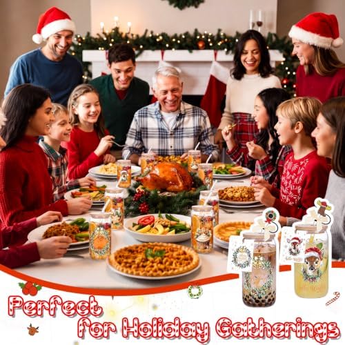 Vesici 6 Set Christmas Glasses Cups 16 oz Xmas Drink Cup with Lid Straw and Stopper Can Shaped Beer Tumbler Christmas Appreciation Gifts with Cards and Bow for Women Birthday Party Favor(Vintage) - Image 5