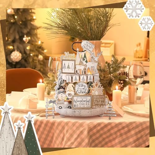 Shellwei 20 Pcs Neutral Christmas Tiered Tray Decor, Winter Farmhouse Signs - Image 5