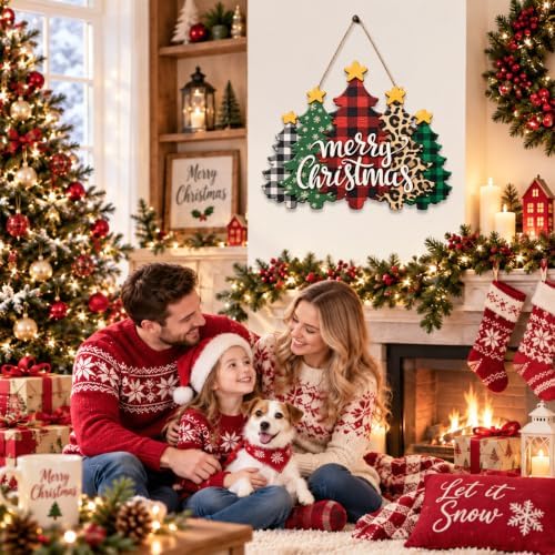 Christmas Decorations Plaid Leopard Christmas Tree Wooden Hanging Sign - Image 5