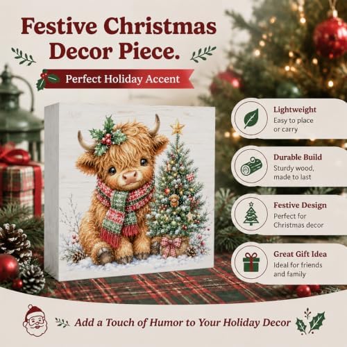 Highland Cow Christmas Decor, Cute Christmas Tree Decor Wooden Box Sign - Image 2