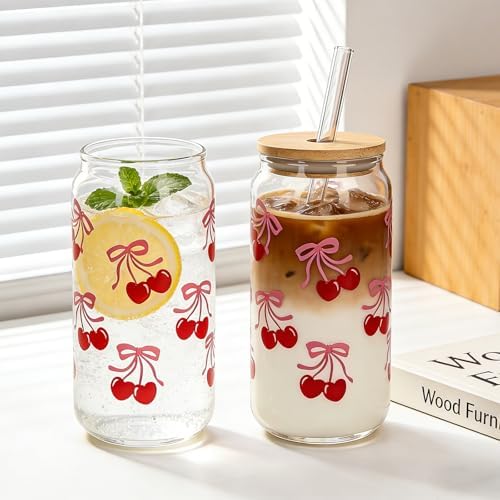 Cherries Bows Glass Cups, 2Pcs 18OZ Cherry Decor Iced Coffee Cups - Image 6