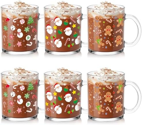 Vesici 6 Set Christmas Glass Mugs Set, 12oz Coffee Cups with Handles by Vesici