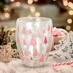 JarThenaAMCS Christmas Double Wall Glass Coffee Mugs 12oz Cute Pink Xmas Tree Insulated Glasses Clear Espresso Cups with Handle for Home Holiday Supplies, Set of 2 - Image 6