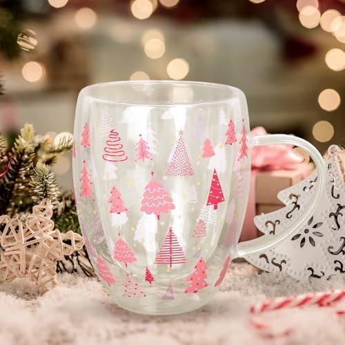 JarThenaAMCS Christmas Double Wall Glass Coffee Mugs 12oz Cute Pink Xmas Tree Insulated Glasses Clear Espresso Cups with Handle for Home Holiday Supplies, Set of 2 - Image 6