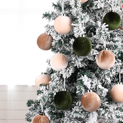 Christmas Tree Ornaments Velvet Balls - Pack of 15pcs Shatterproof Xmas Bulbs Decorations Set - Multicolor Green Brown Neutral, 80mm 3.15 inch - Image 6