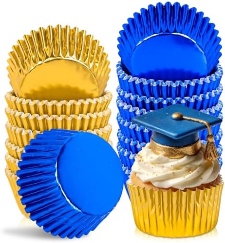 JarThenaAMCS 200Pcs Graduation Foil Cupcake Liners Baking Cups Gold Blue 2026 Congrats Grad Foil Metallic Cupcake Wrappers Muffin Liners for College High School Party Supplies Table Decor by JarThenaAMCS