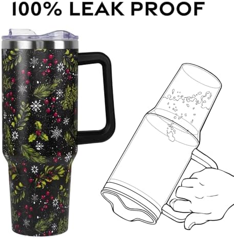 Christmas Tumbler with Handle and Straw Lid 40 oz,Cute Merry Xmas Holly Berries Snowflake Gifts for Women Vacuum Insulated Leak Proof Tumbler,Winter Holiday Accessories Stainless Steel Coffee Cup Mug - Image 4