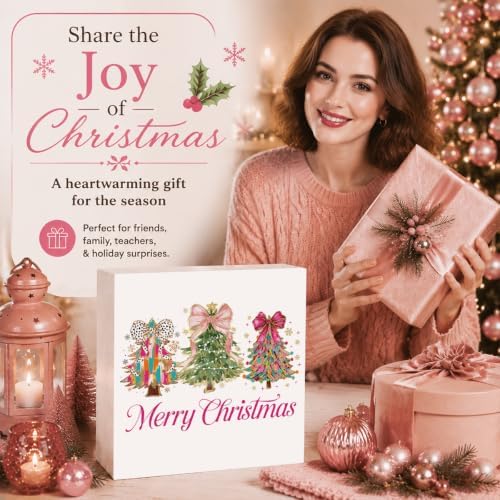 Pink Christmas Decor, Christmas Decorations Indoor, Glitter Bow Xmas Tree Snowflake Merry Sign Gift for Women Friends, Rustic Wooden Box Sign for Home Office Bedroom Desk Decor 5x5 Inches - Image 6