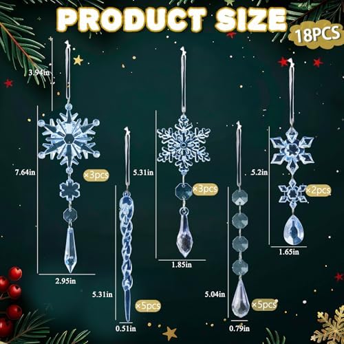 Crystal Christmas Tree Ornaments, Blue Acrylic Snowflake & Icicle, 18pcs - Image 3
