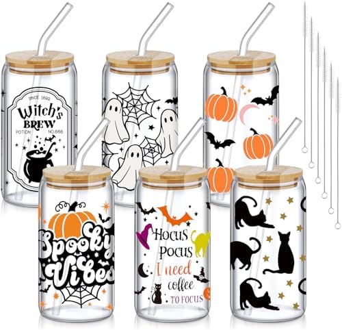 SiliFine 6 Pcs Halloween Glass Cups, 16 oz with Lids and Straws by SiliFine