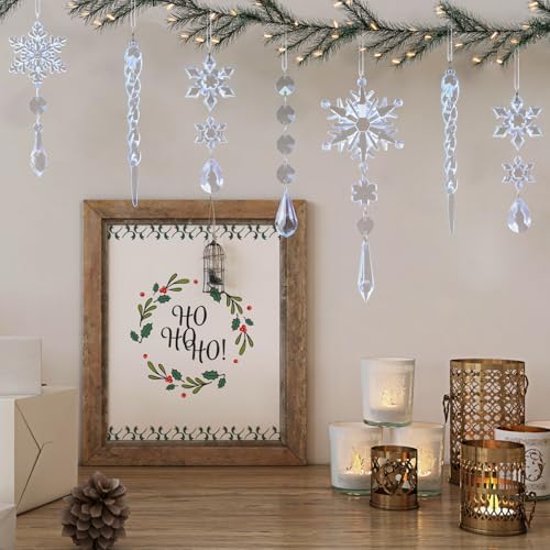 Crystal Christmas Tree Ornaments, Blue Acrylic Snowflake & Icicle, 32pcs - Image 5