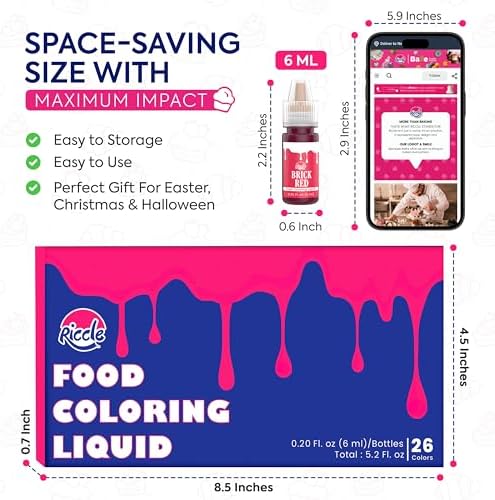 Riccle Food Coloring for Baking - 26 Bright Food Coloring Liquid Set for Cake decorations - 0.20 Fl. Oz (6 ml) / Bottle x 26 Food Dye for Icing, Christmas Cookie decorating Supplies Baking Supplies - Image 5