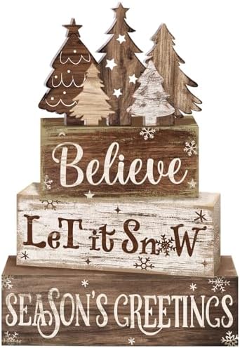 Moucuny 4 Pcs Christmas Tree Table Decorations Wooden Farmhouse Block Signs by Moucuny