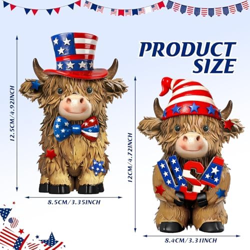 2 Pack 4th of July Highland Cow Figurine Resin 4th of July Gifts - Image 3