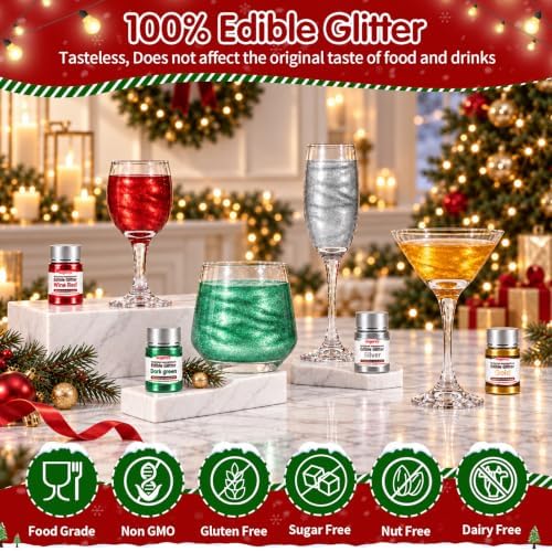 Edible Christmas Glitter for Drinks,Gold Silver Red Green Luster Dust 4set - Image 2