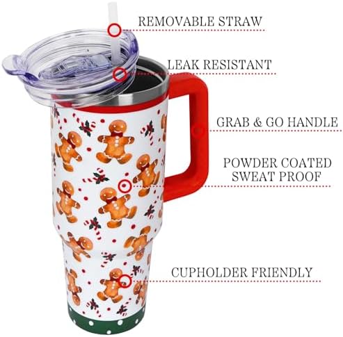 Christmas Tumbler with Handle and Straw Lid 40 oz,Cute Christmas Gifts for Women Gingerbread Candy Cane Vacuum Insulated Leak Proof Tumbler,Winter Holiday Accessories Stainless Steel Coffee Cup Mug - Image 3