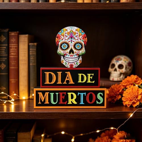 MEETYAMOR Day of the Dead Decor, Wood Block Sugar Skull Dia De Los Muertos Decorations with DIA DE MUERTOS Sign, 3-Layered Wooden Skeleton Decor for Altar, Ofrenda, Home, Table, Mexican Fiesta - Image 7