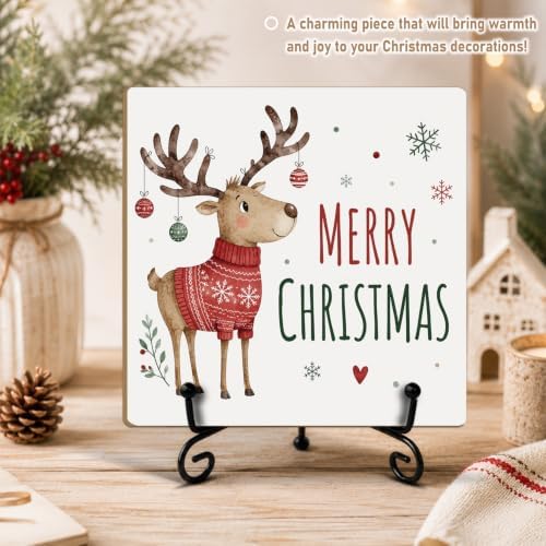 Merry Christmas Decor with Reindeer Wood Plaque with Support Stand - Image 4