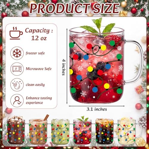 6 Pcs Christmas Glass Mugs with Handle Winter Xmas Coffee Mugs, Light - Image 2