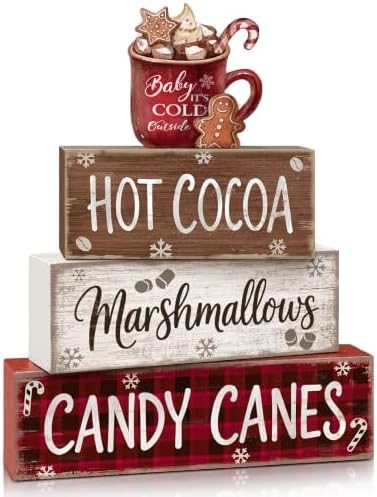 4 Pcs Christmas Table Decorations, Wooden Hot Cocoa Decor Indoor by Golibra