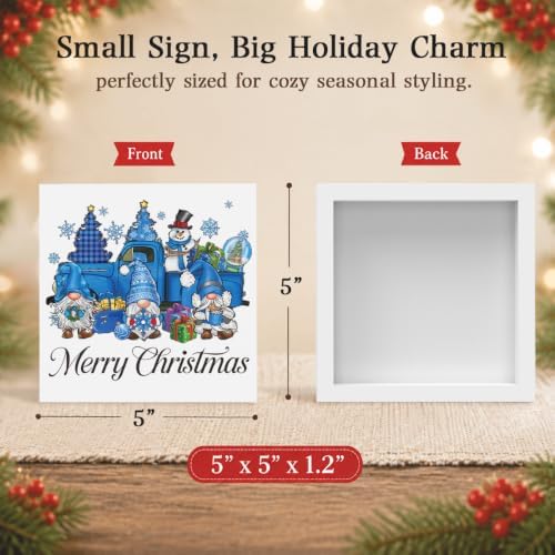 Blue Christmas Decorations, Christmas Gnomes Decorations Indoor, Snowman Snowflake Sign Gift for Women Friends, Rustic Wooden Box Sign for Home Shelf Office Bedroom Desk Decor 5x5 Inches - Image 2
