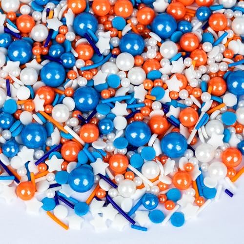 Edible Blue Orange Sprinkles for Cake Decorating,130g White Stars Pearls and Jimmies Mix,Round Sugar Confettis Sprinkle,Cupcake,Cookies,Donut,Basketball Soccer Sports Themed Holiday Dessert Toppings,Birthday Celebration Supplies by Sugarzy