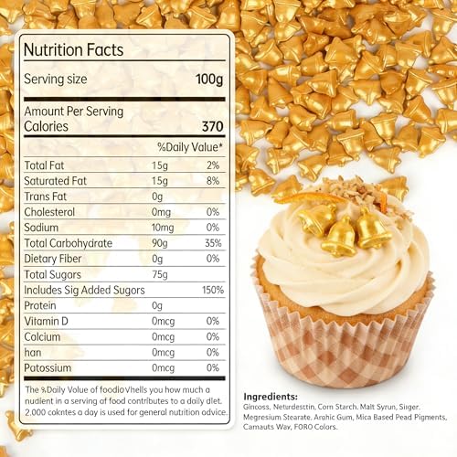 Edibles Gold Bells Sprinkles for Cake Decorating, 150g/5.29oz, Golden Sprinkles Edible, Metallic Sugar Bell Shape Sprinkle, Cupcake Decoration, Cookies Donuts Topper, Baking Party Supplies - Image 2