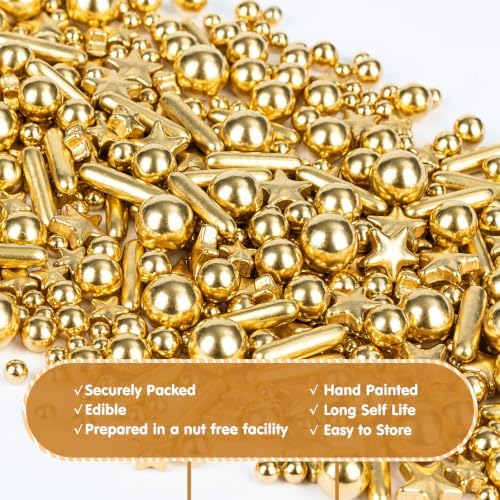 Edible Gold Sprinkles for Cake Decorating,Pearls Stars Rods Sugar Sprinkle - Image 6