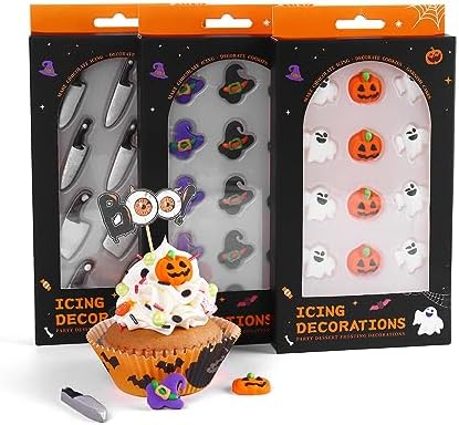 Edible Halloween Cake Decorations, Pumpkin Cupcake Toppers, Ghost Cake Decorations, Edible Knives Cupcake Toppers, Witch Hats for Cake Decorating, Cookies, Cupcakes, Macaron, and Ice Cream by Milovin