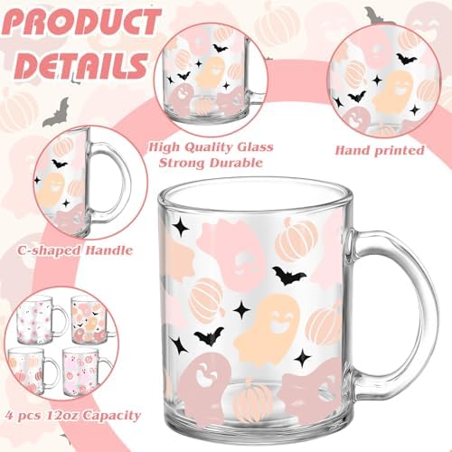 Tioncy 4 Pcs Halloween Coffee Mugs 12 oz Cute Pink Ghost Glass Cups - Image 3