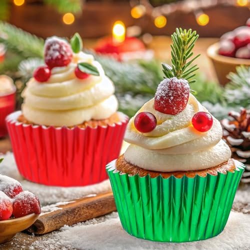 JarThenaAMCS 200Pcs Christmas Foil Cupcake Liners Xmas Red Green Foil Metallic Baking Cups Cupcake Wrappers Muffin Liners for Holiday Party Supplies - Image 6