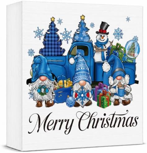 Blue Christmas Decorations, Christmas Gnomes Decorations Indoor, Snowman Snowflake Sign Gift for Women Friends, Rustic Wooden Box Sign for Home Shelf Office Bedroom Desk Decor 5x5 Inches by Unknown