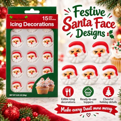Oasis Supply Christmas Santa Face Edible Icing Decorations – 15 Count – Holiday Cake & Cupcake Toppers for Cookies, Cakes, Cupcakes & Desserts - Image 2