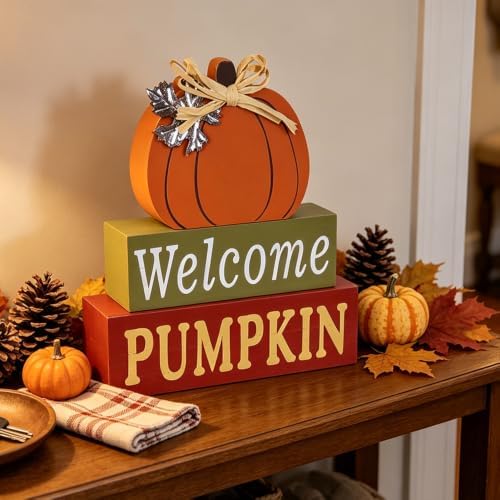 MEETYAMOR Fall Decorations for Home, Large Size 3-Layered Wood Block Pumpkin Sign for Thanksgiving Decor, Thanksgiving Decorations for Home, Autumn Sign with Welcome Lettered Centerpieces - Image 3