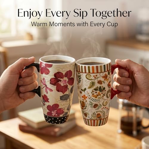 Topadorn Ceramic Travel Mugs Set of 2, 17oz Flora Coffee Mug with Lids - Image 5