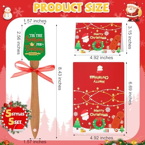 Newtay 5 Sets Christmas Silicone Spatula Cake Spatula Bulk Cooking Scraper with Wooden Handle Xmas Greeting Card Ribbon for Christmas Decoration Holiday Gifts Kitchen Party Favors (Classic Style) - Image 2
