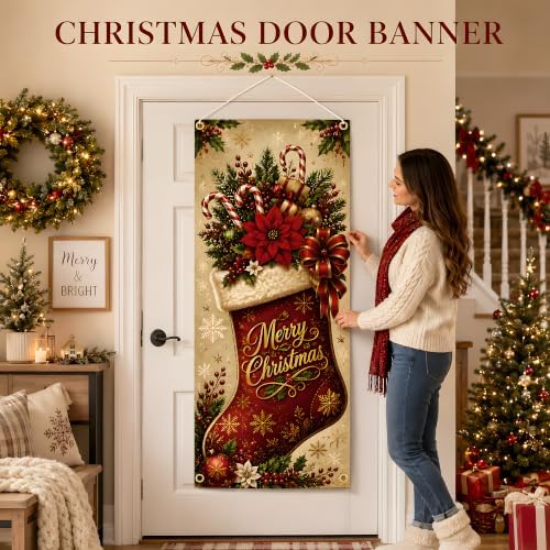 Christmas Decorations - Merry Christmas Stocking Candy Cane Door Cover - Image 2