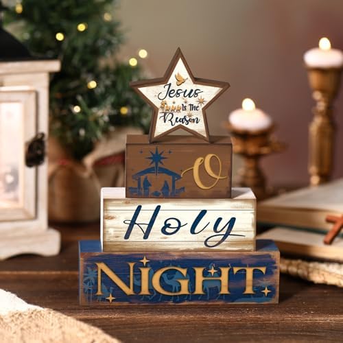 Moucuny 4 Pcs Christmas Jesus Religious Table Decor O Holy Night Blocks - Image 4