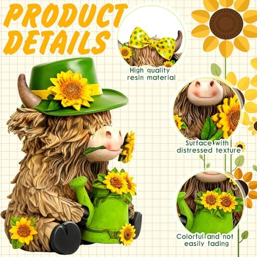 2 Pcs Resin Highland Cow Figurine Decor, Brigh Sunflower Style - Image 4